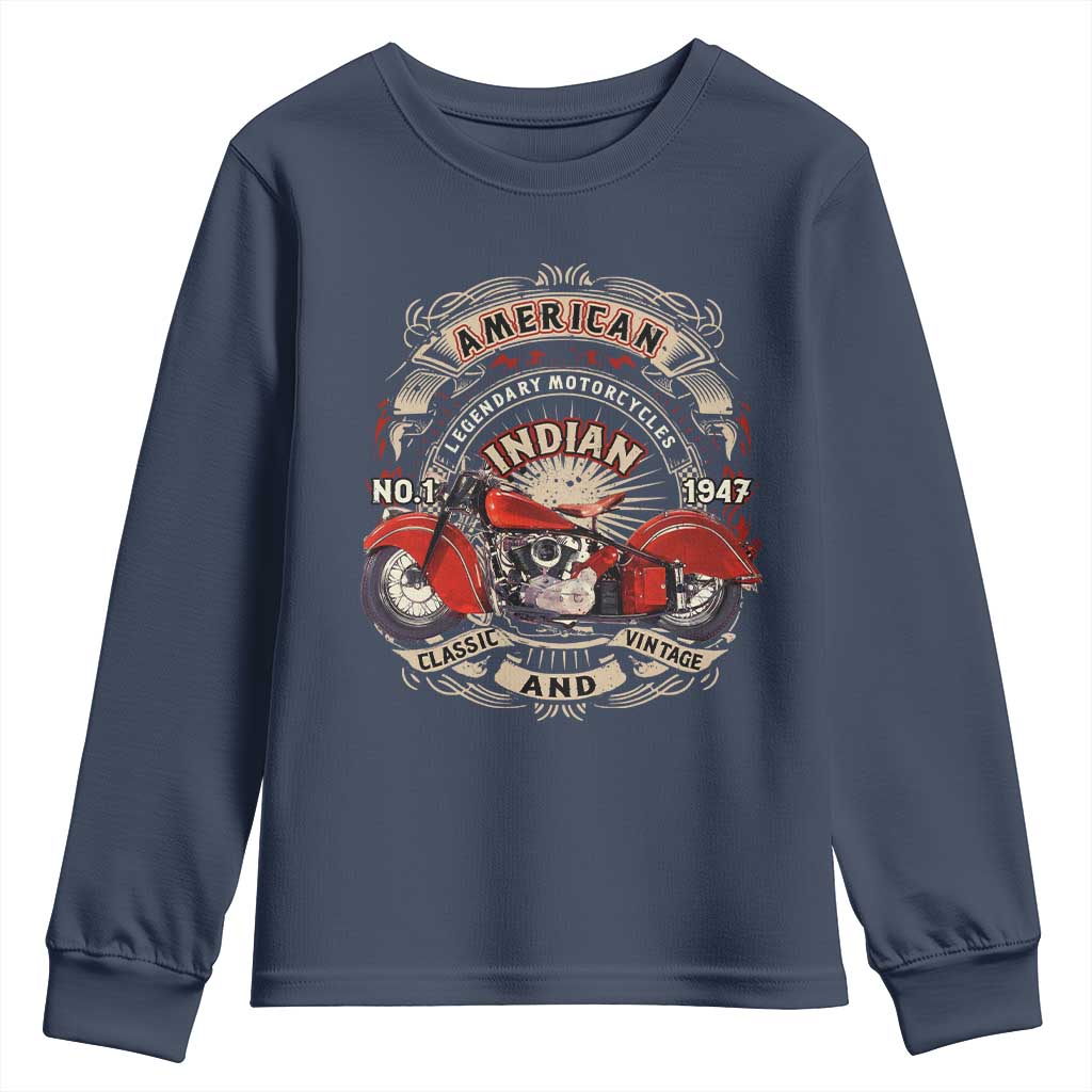 Native American Rider Youth Sweatshirt American Indian Legendary Motorcycle Vintage Biker - Wonder Print Shop