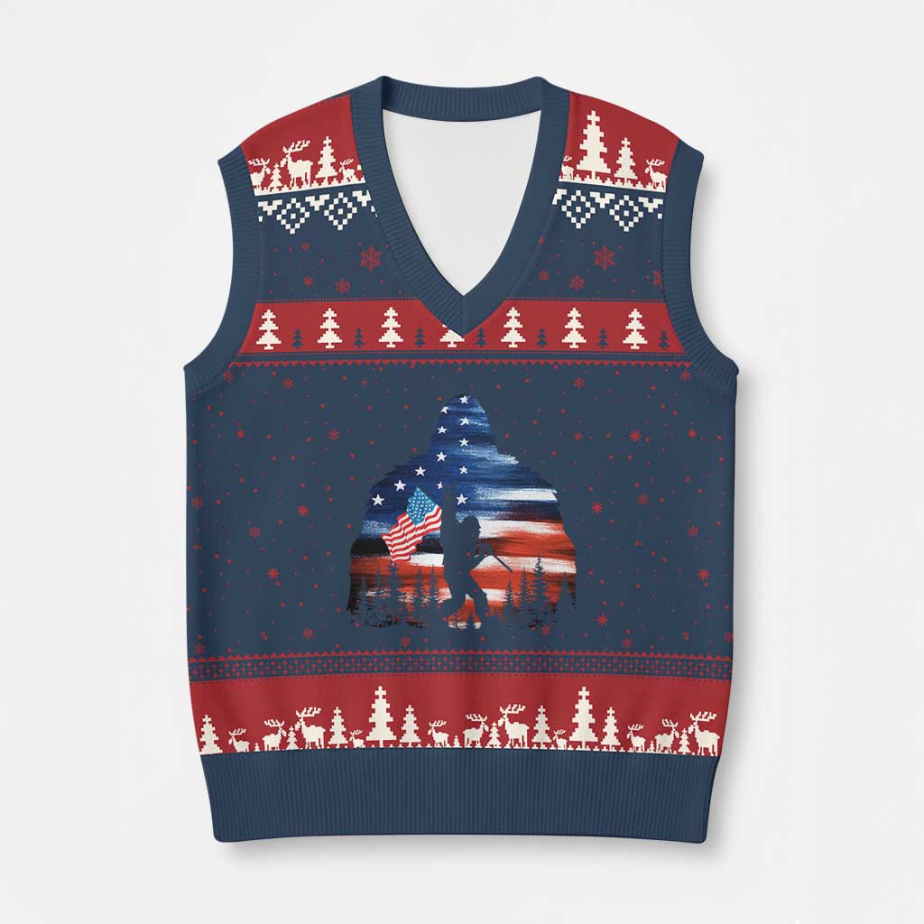 Funny Bigfoot Night Stroll American Flag V-Neck Knit Sweater Vest Patriotic 4th July - Wonder Print Shop