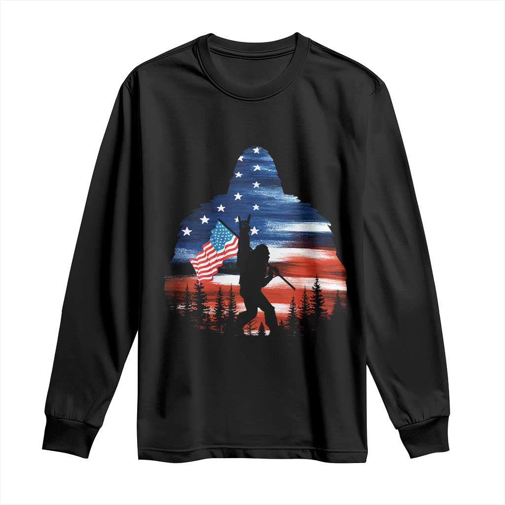 Funny Bigfoot Night Stroll American Flag Long Sleeve Shirt Patriotic 4th July - Wonder Print Shop