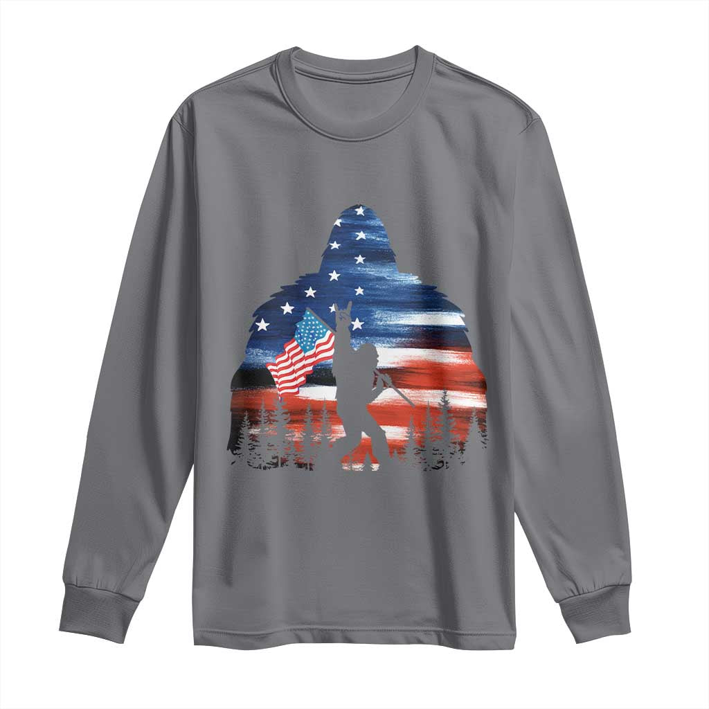Funny Bigfoot Night Stroll American Flag Long Sleeve Shirt Patriotic 4th July - Wonder Print Shop