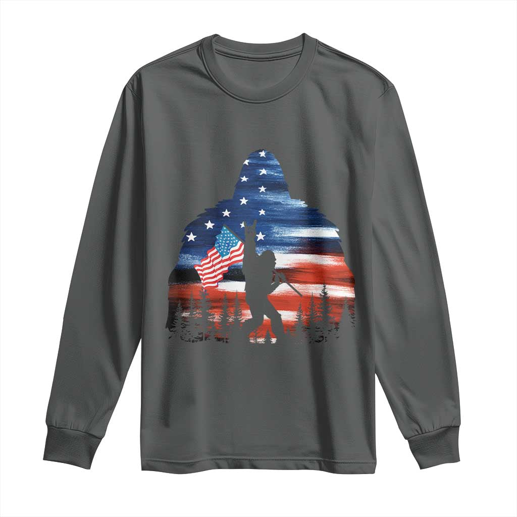Funny Bigfoot Night Stroll American Flag Long Sleeve Shirt Patriotic 4th July - Wonder Print Shop