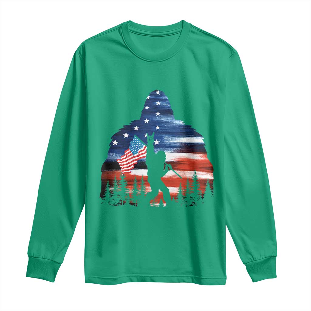 Funny Bigfoot Night Stroll American Flag Long Sleeve Shirt Patriotic 4th July - Wonder Print Shop