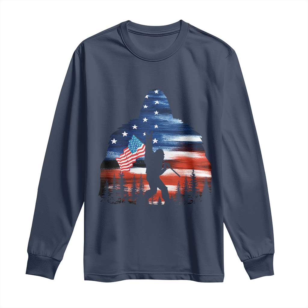 Funny Bigfoot Night Stroll American Flag Long Sleeve Shirt Patriotic 4th July - Wonder Print Shop
