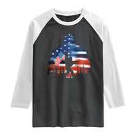 Funny Bigfoot Night Stroll American Flag Raglan Shirt Patriotic 4th July - Wonder Print Shop