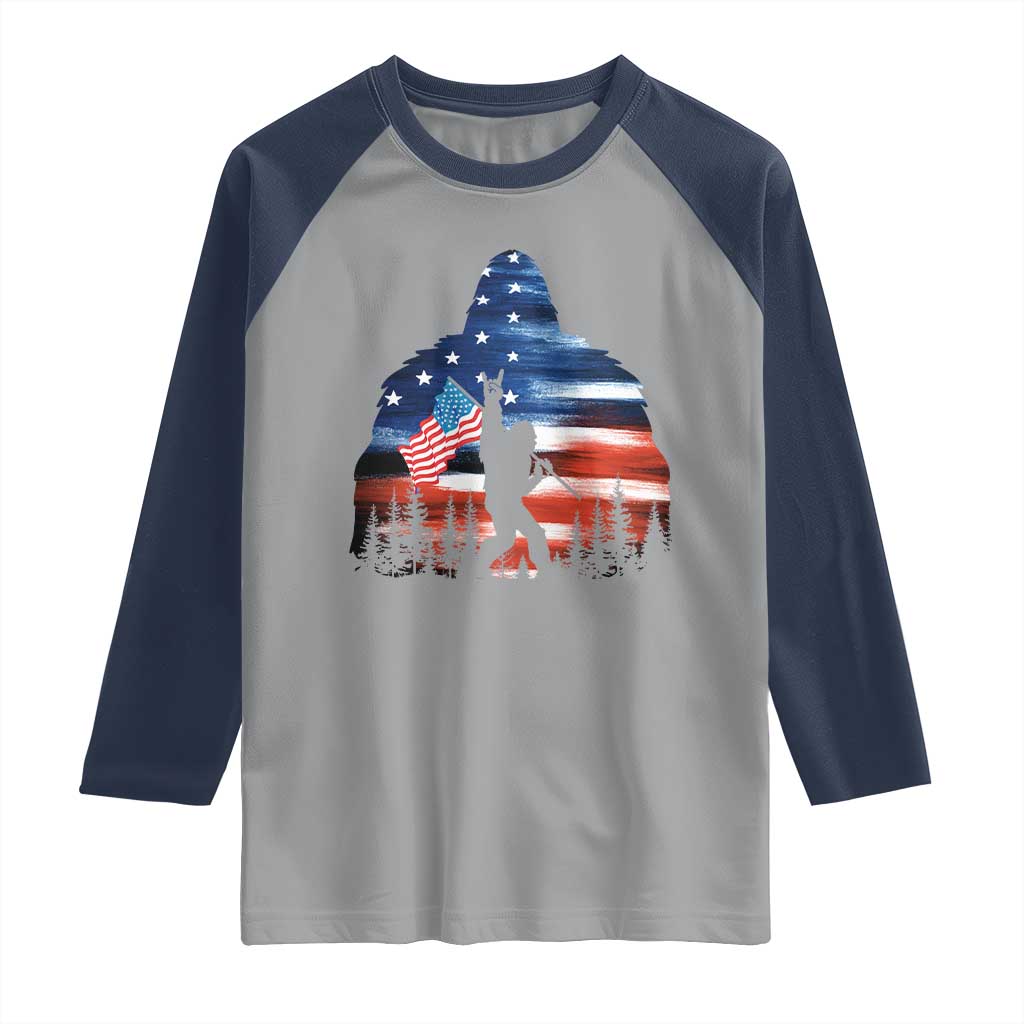 Funny Bigfoot Night Stroll American Flag Raglan Shirt Patriotic 4th July - Wonder Print Shop