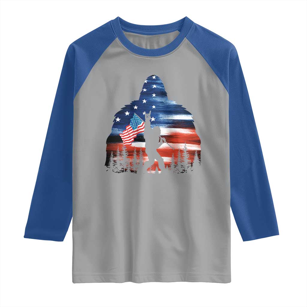 Funny Bigfoot Night Stroll American Flag Raglan Shirt Patriotic 4th July - Wonder Print Shop