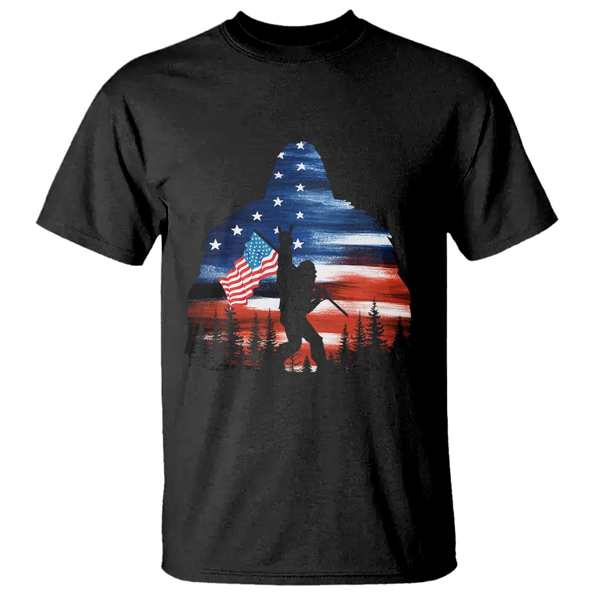 Funny Bigfoot Night Stroll American Flag T Shirt Patriotic 4th July - Wonder Print Shop