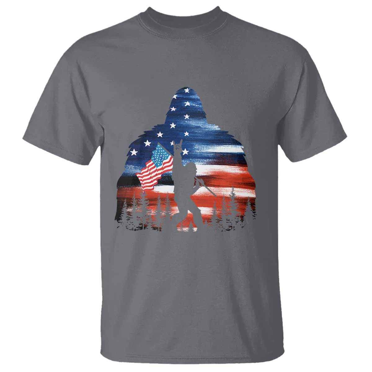 Funny Bigfoot Night Stroll American Flag T Shirt Patriotic 4th July - Wonder Print Shop
