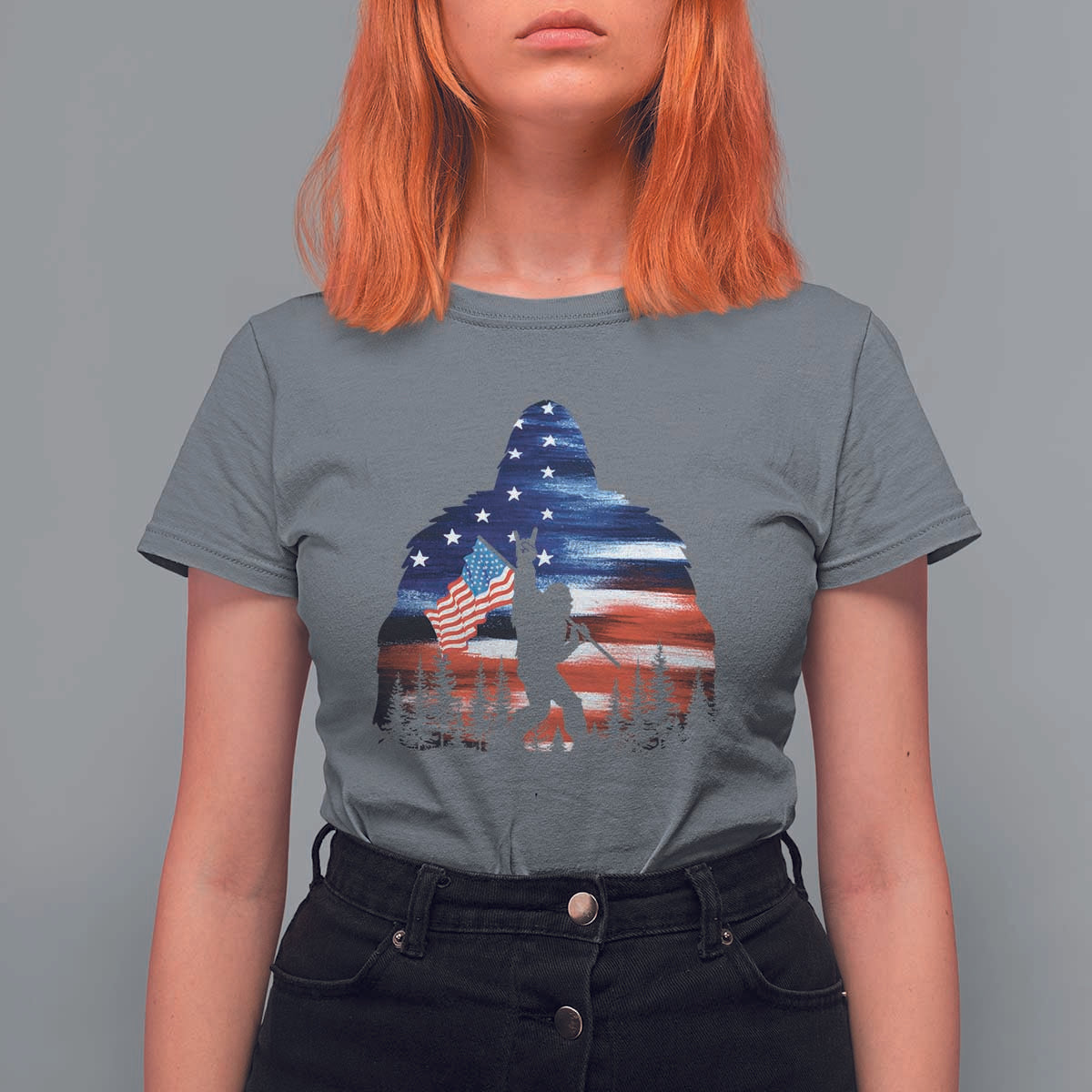 Funny Bigfoot Night Stroll American Flag T Shirt For Women Patriotic 4th July - Wonder Print Shop