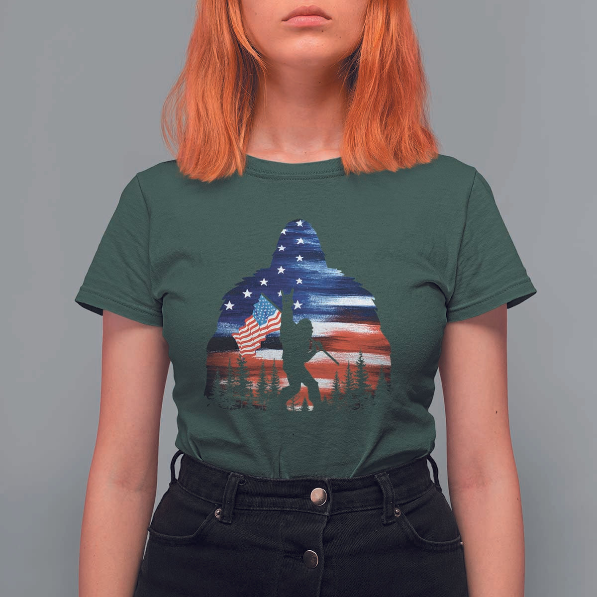 Funny Bigfoot Night Stroll American Flag T Shirt For Women Patriotic 4th July - Wonder Print Shop