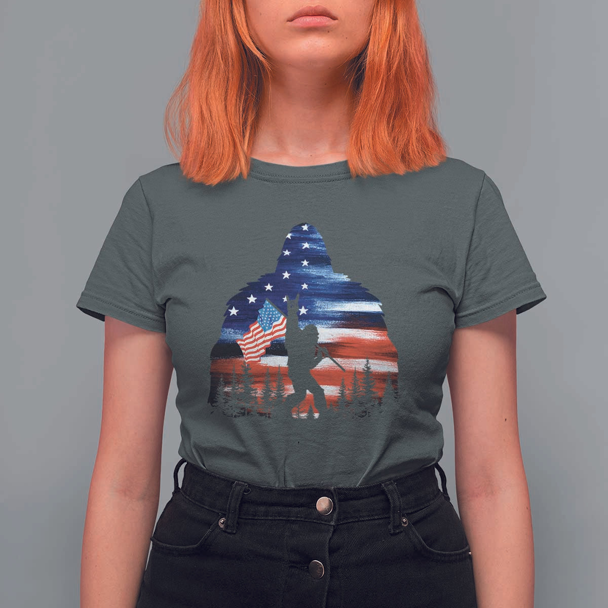 Funny Bigfoot Night Stroll American Flag T Shirt For Women Patriotic 4th July - Wonder Print Shop