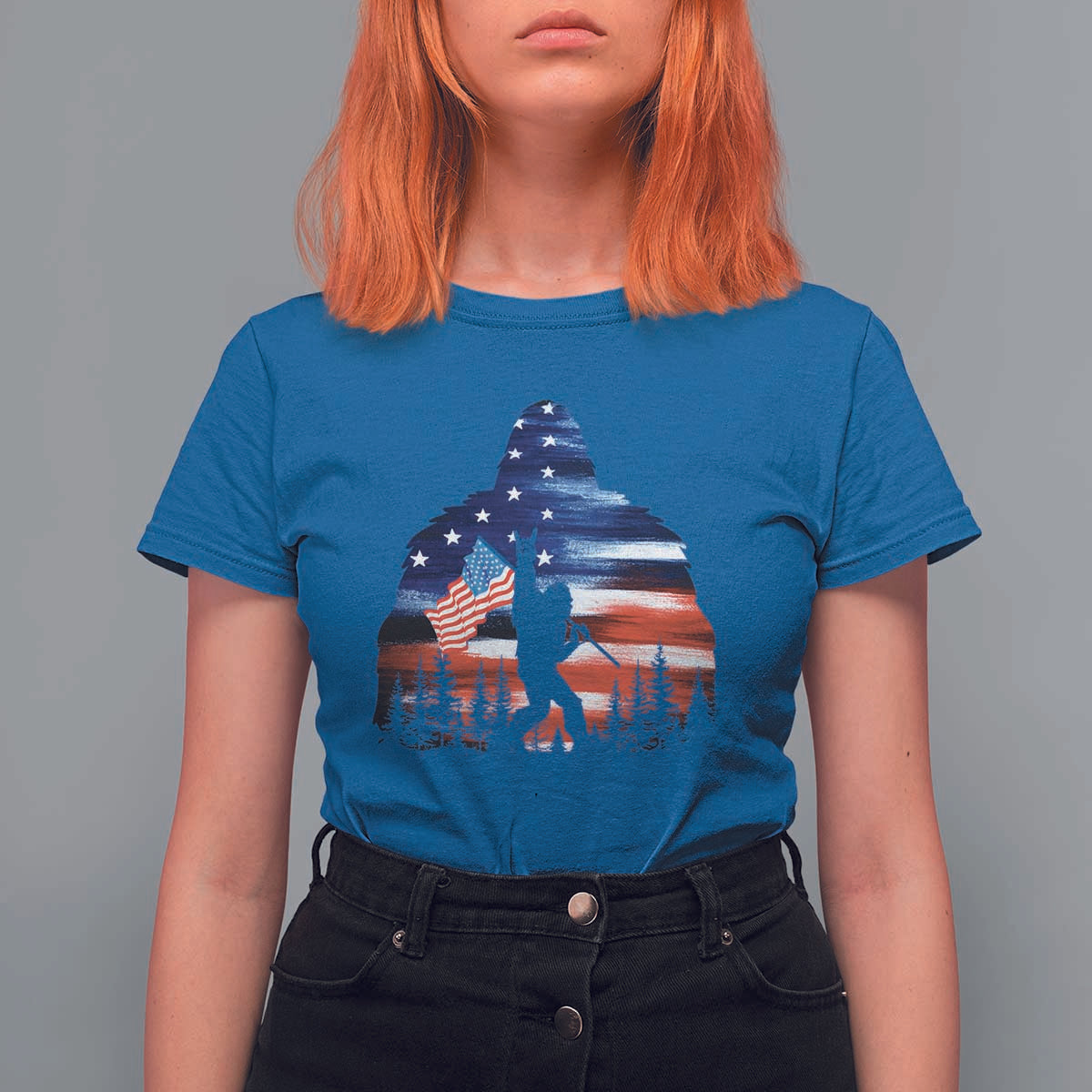 Funny Bigfoot Night Stroll American Flag T Shirt For Women Patriotic 4th July - Wonder Print Shop