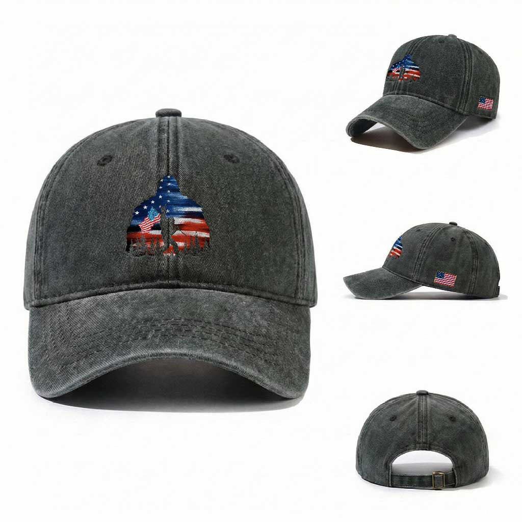 Funny Bigfoot Night Stroll American Flag Washed Cotton Baseball Cap Patriotic 4th July