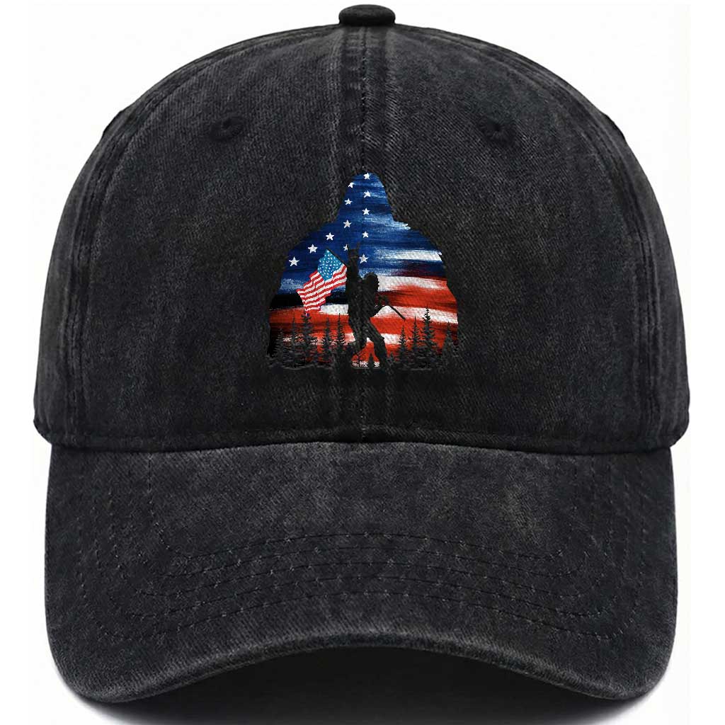 Funny Bigfoot Night Stroll American Flag Washed Cotton Baseball Cap Patriotic 4th July