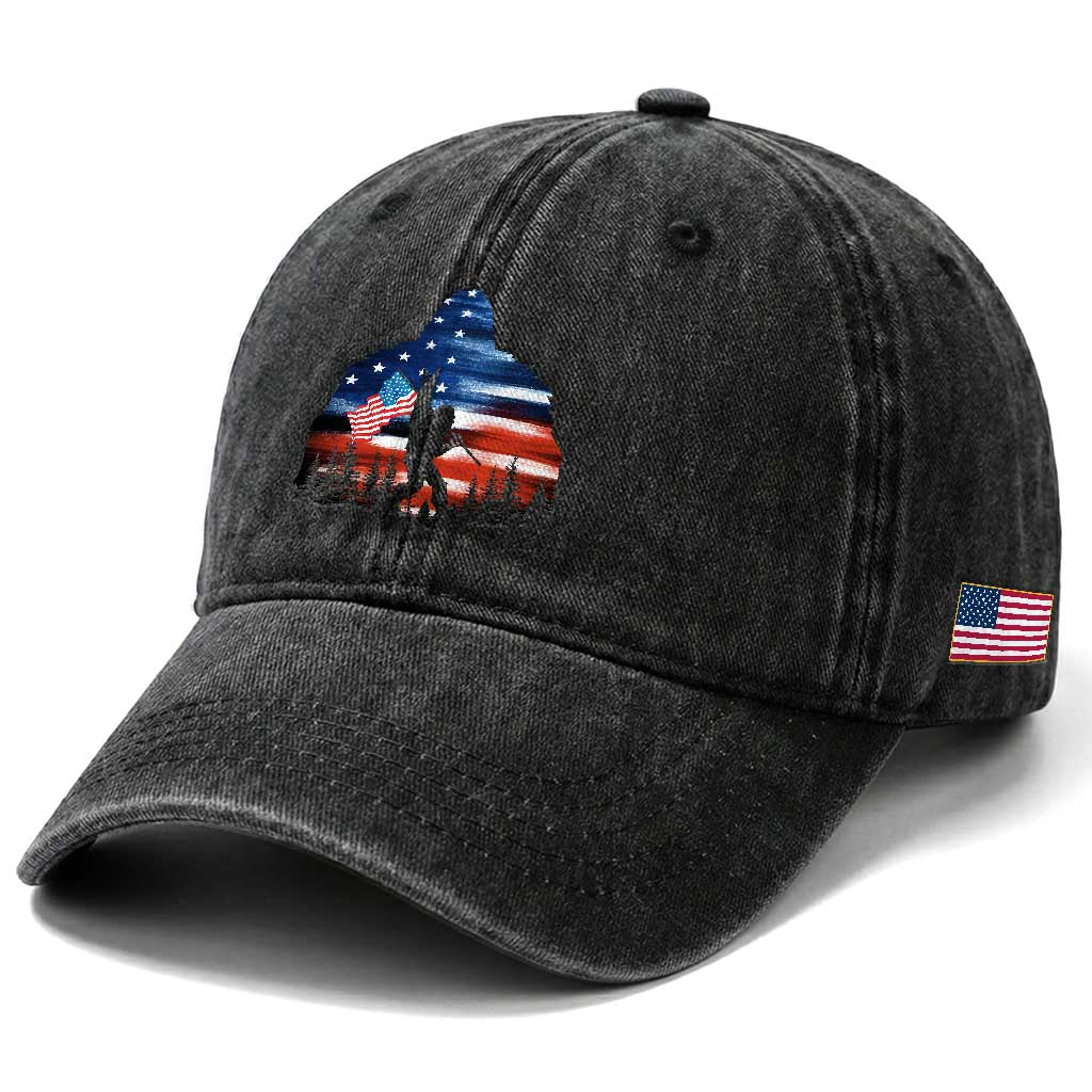 Funny Bigfoot Night Stroll American Flag Washed Cotton Baseball Cap Patriotic 4th July