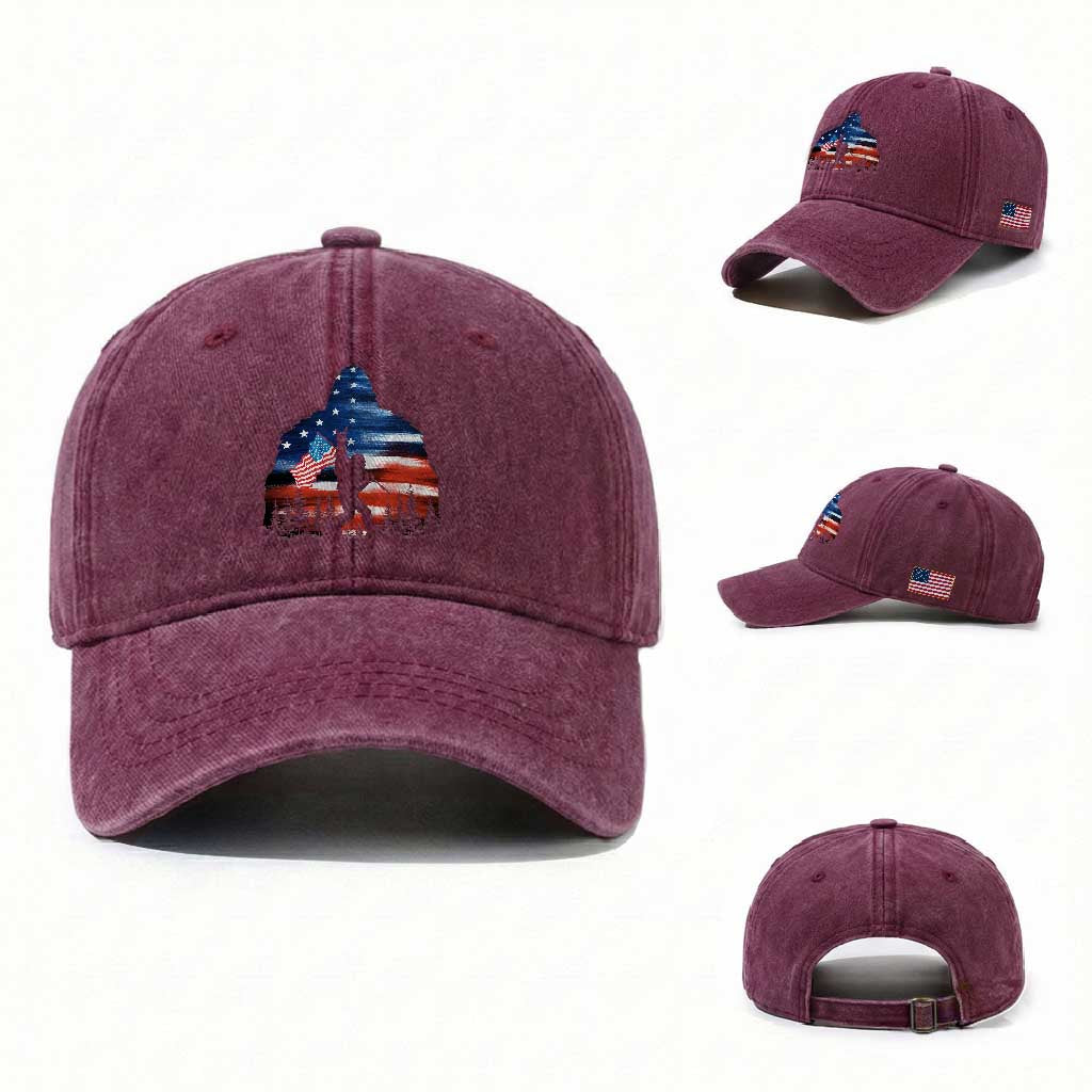 Funny Bigfoot Night Stroll American Flag Washed Cotton Baseball Cap Patriotic 4th July