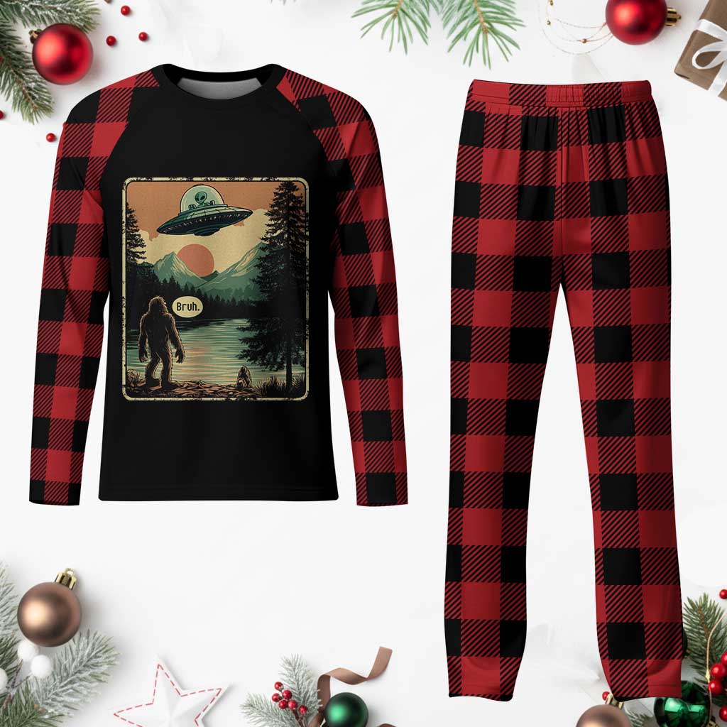 Funny Bigfoot Sasquatch Alien Spaceship UFO Introvert Bruh Plaid Pajama Set - Wonder Print Shop