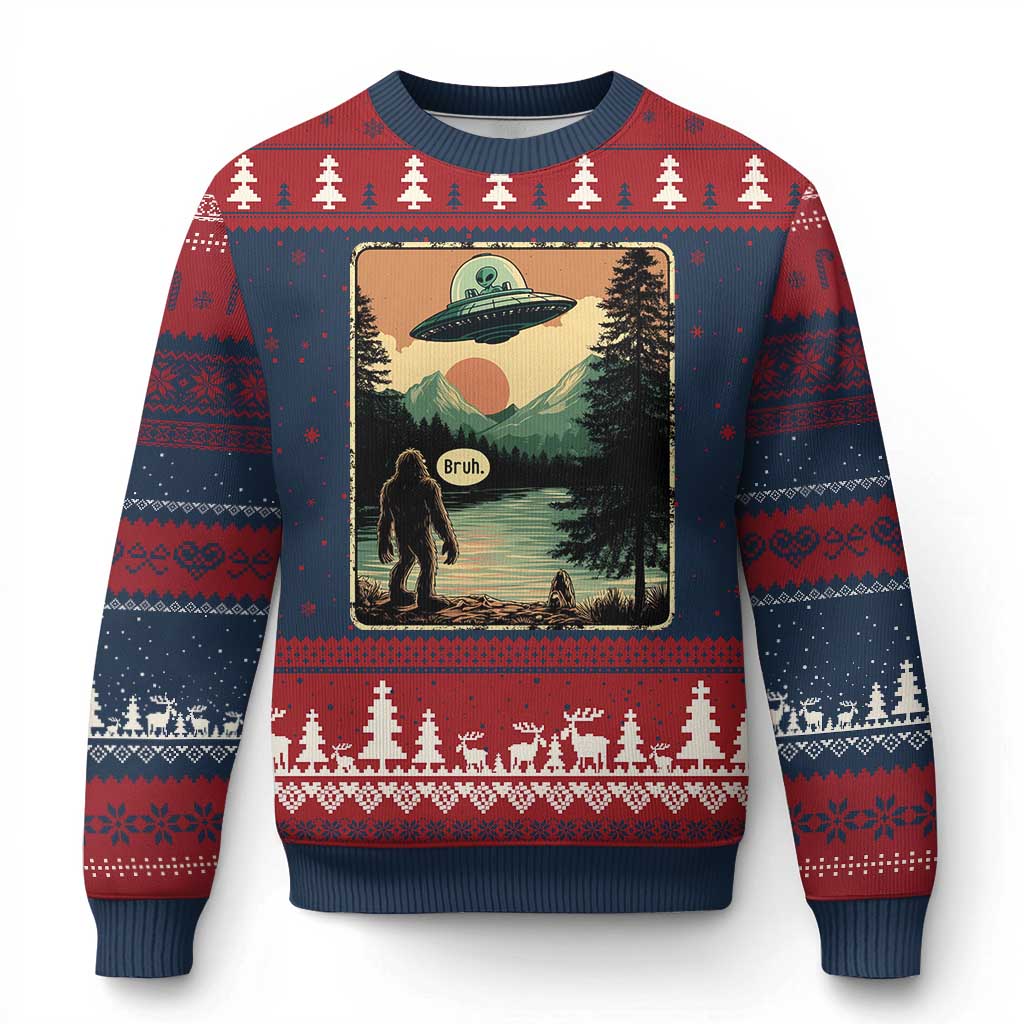 Funny Bigfoot Sasquatch Alien Spaceship UFO Introvert Bruh Ugly Christmas Sweater - Wonder Print Shop