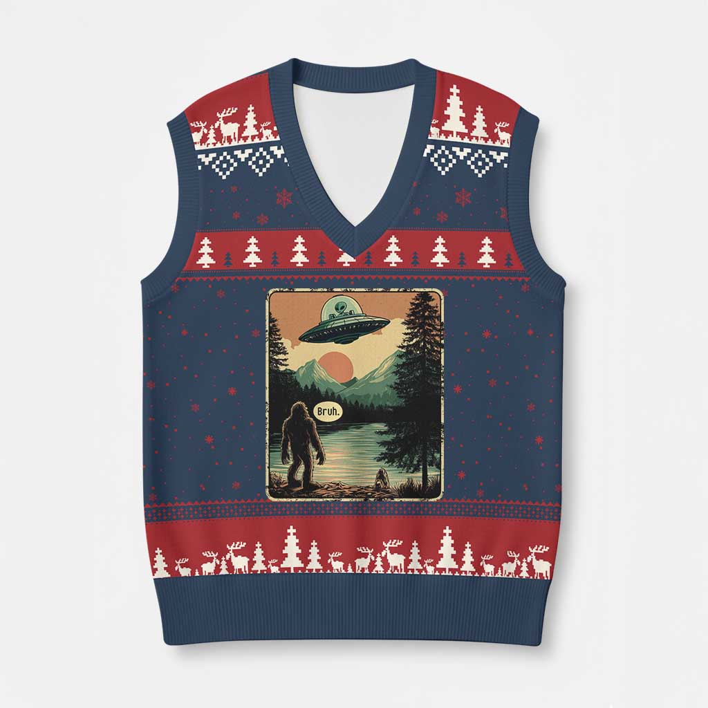 Funny Bigfoot Sasquatch Alien Spaceship UFO Introvert Bruh V-Neck Knit Sweater Vest - Wonder Print Shop