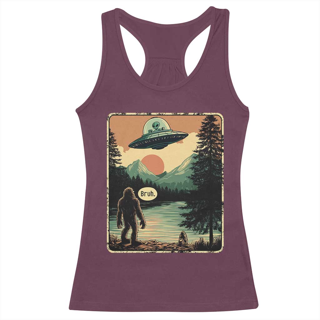 Funny Bigfoot Sasquatch Alien Spaceship UFO Introvert Bruh Racerback Tank Top - Wonder Print Shop