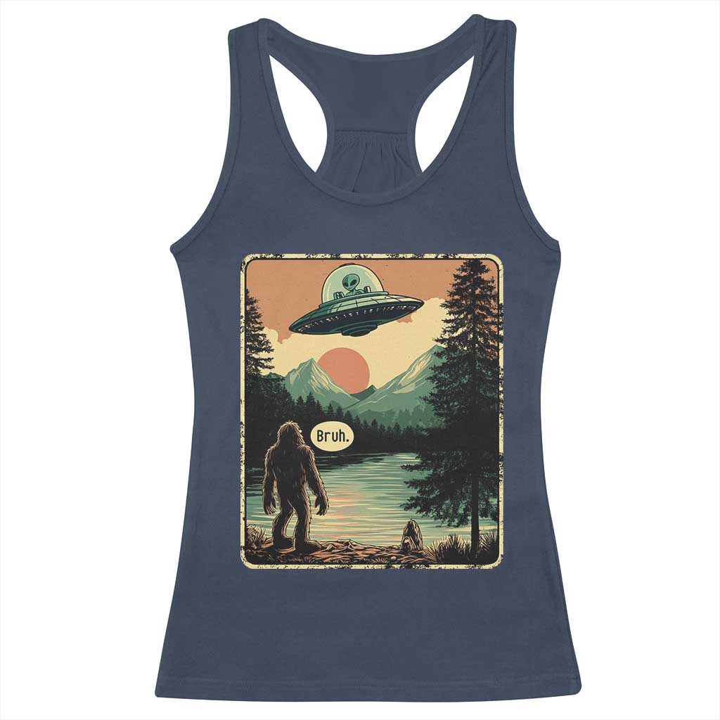 Funny Bigfoot Sasquatch Alien Spaceship UFO Introvert Bruh Racerback Tank Top - Wonder Print Shop