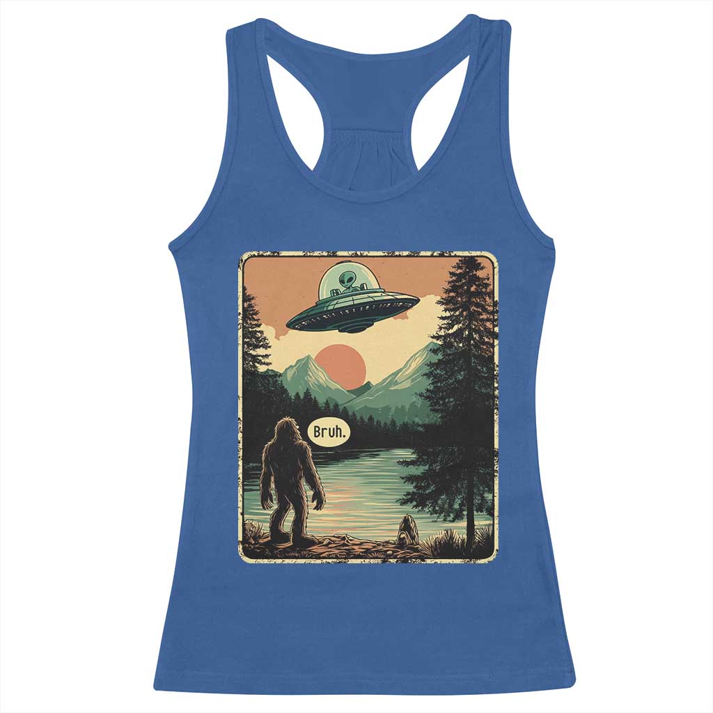 Funny Bigfoot Sasquatch Alien Spaceship UFO Introvert Bruh Racerback Tank Top - Wonder Print Shop