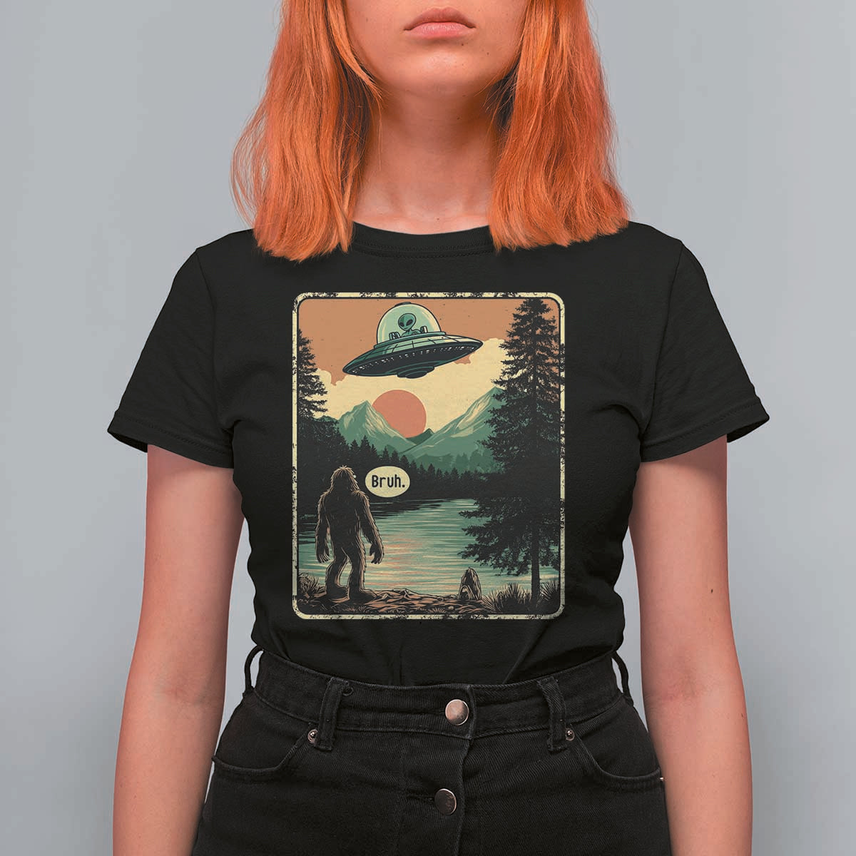Funny Bigfoot Sasquatch Alien Spaceship UFO Introvert Bruh T Shirt For Women - Wonder Print Shop