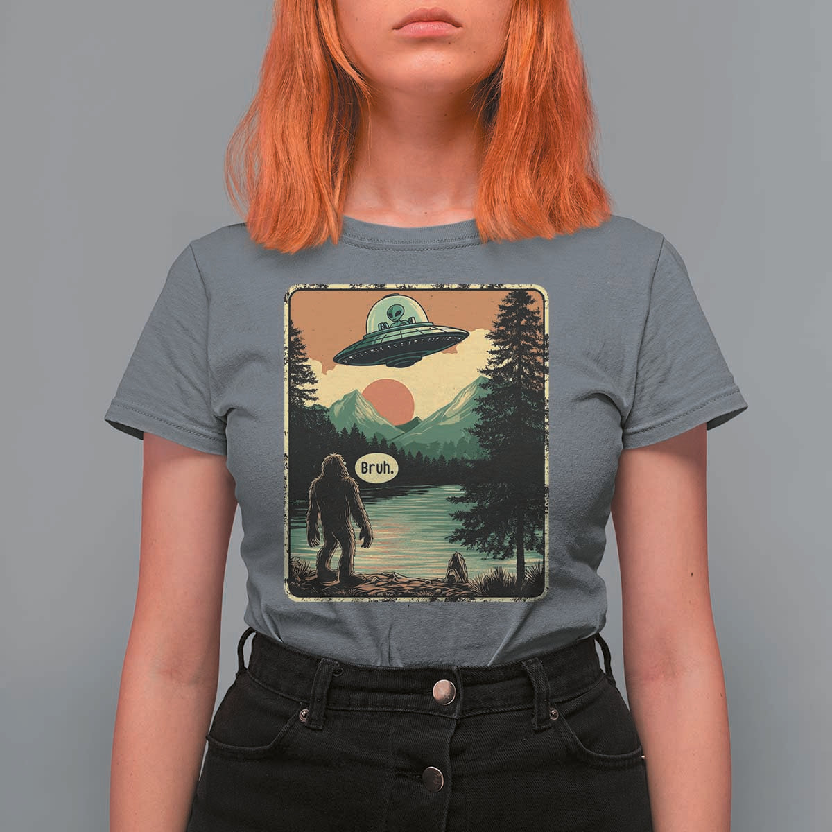 Funny Bigfoot Sasquatch Alien Spaceship UFO Introvert Bruh T Shirt For Women - Wonder Print Shop