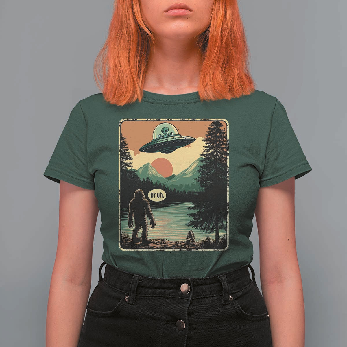 Funny Bigfoot Sasquatch Alien Spaceship UFO Introvert Bruh T Shirt For Women - Wonder Print Shop