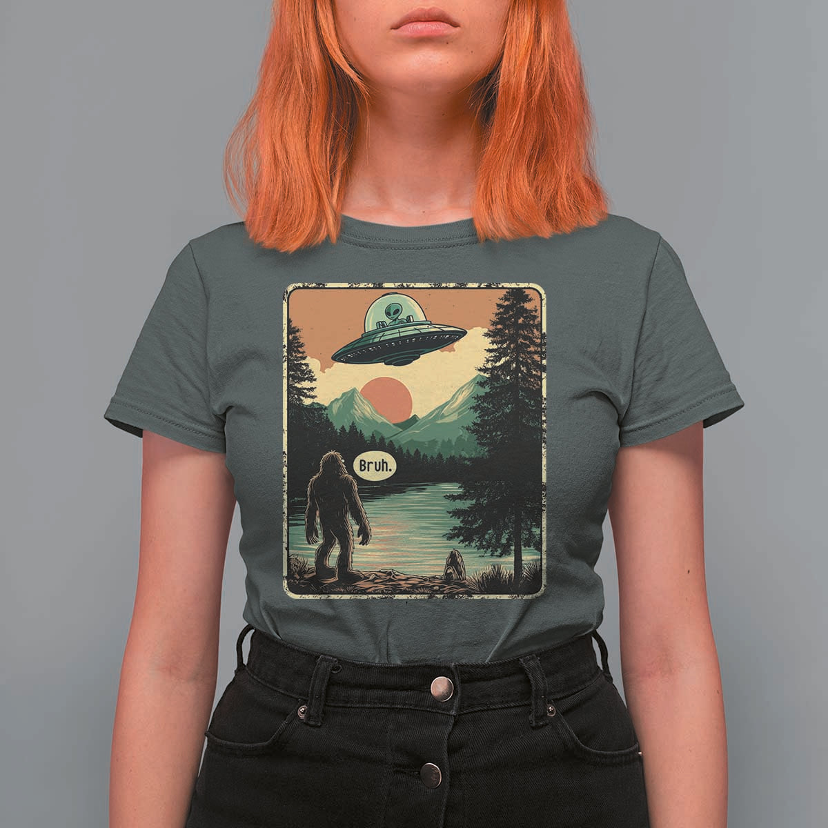 Funny Bigfoot Sasquatch Alien Spaceship UFO Introvert Bruh T Shirt For Women - Wonder Print Shop