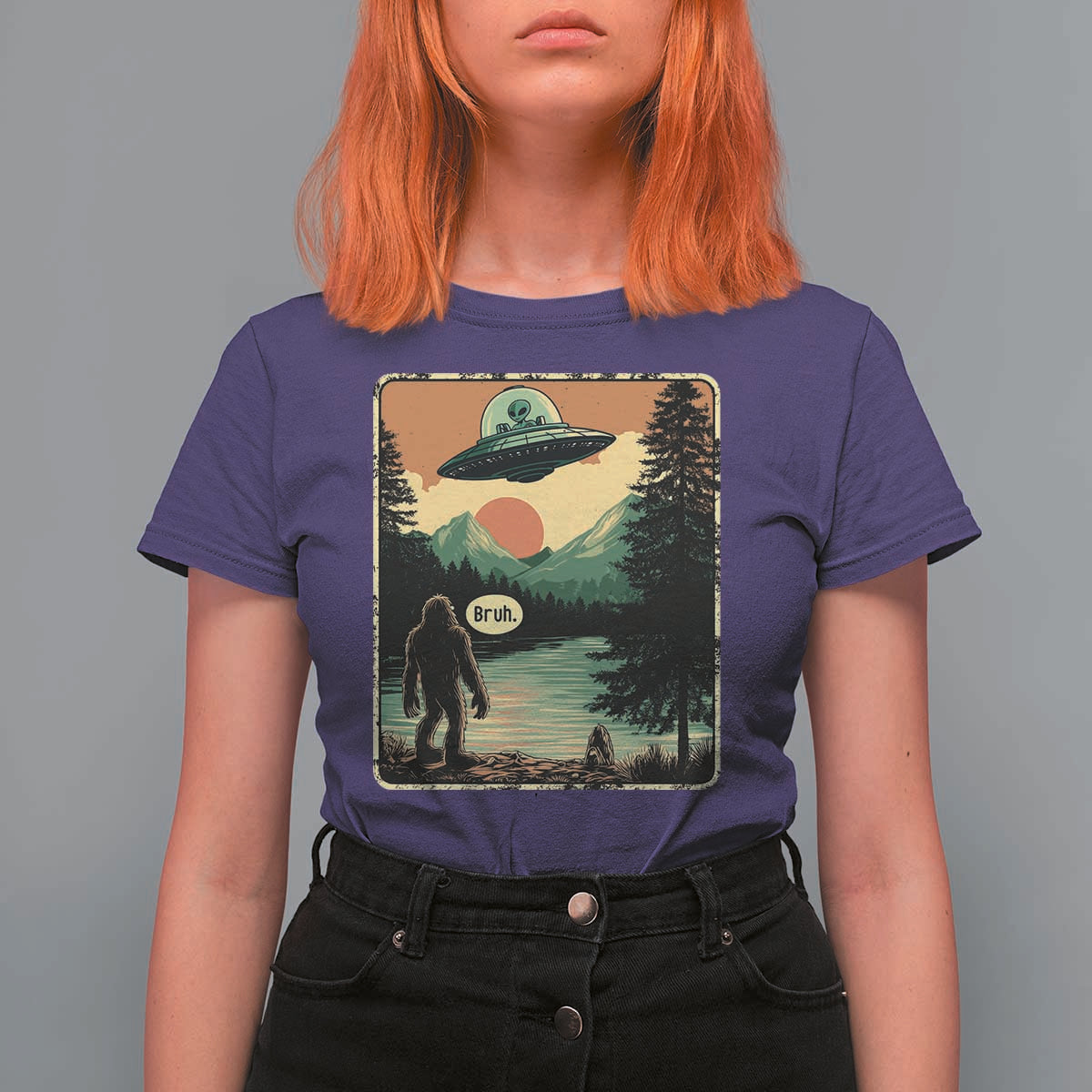 Funny Bigfoot Sasquatch Alien Spaceship UFO Introvert Bruh T Shirt For Women - Wonder Print Shop