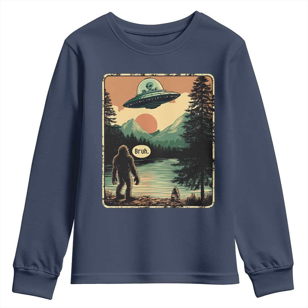 Funny Bigfoot Sasquatch Alien Spaceship UFO Introvert Bruh Youth Sweatshirt - Wonder Print Shop