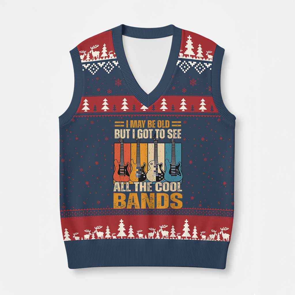 Funny I May Be Old But I Got To See All The Cool Bands V-Neck Knit Sweater Vest Guitar - Wonder Print Shop