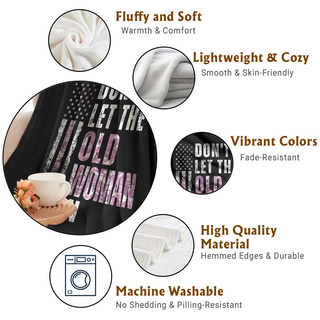 Funny Dont Let The Old Woman In Throw Blanket Vintage Pink Camo American Flag - Wonder Print Shop