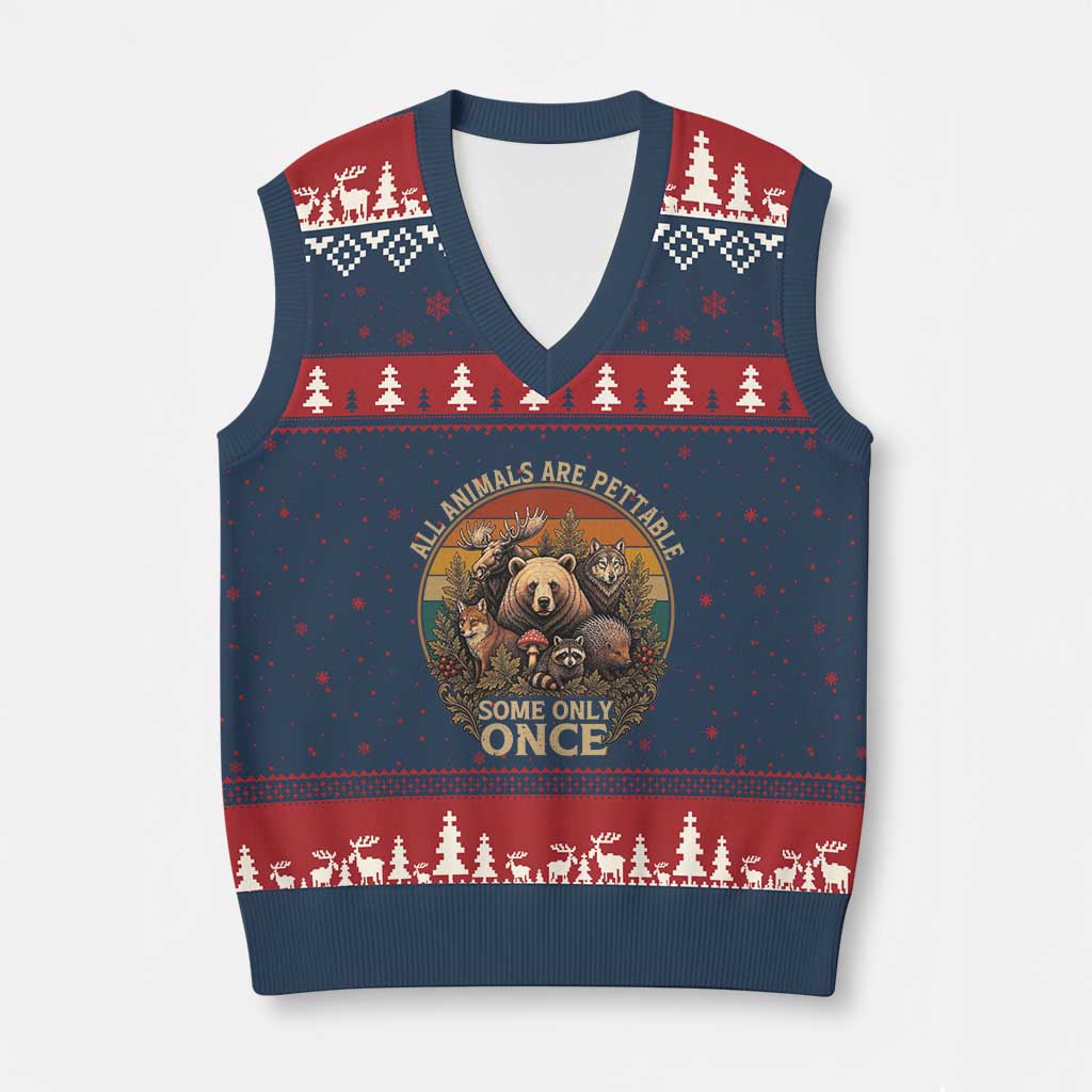 All Animals Are Pettable Some Only Once V-Neck Knit Sweater Vest Retro Wild Animals