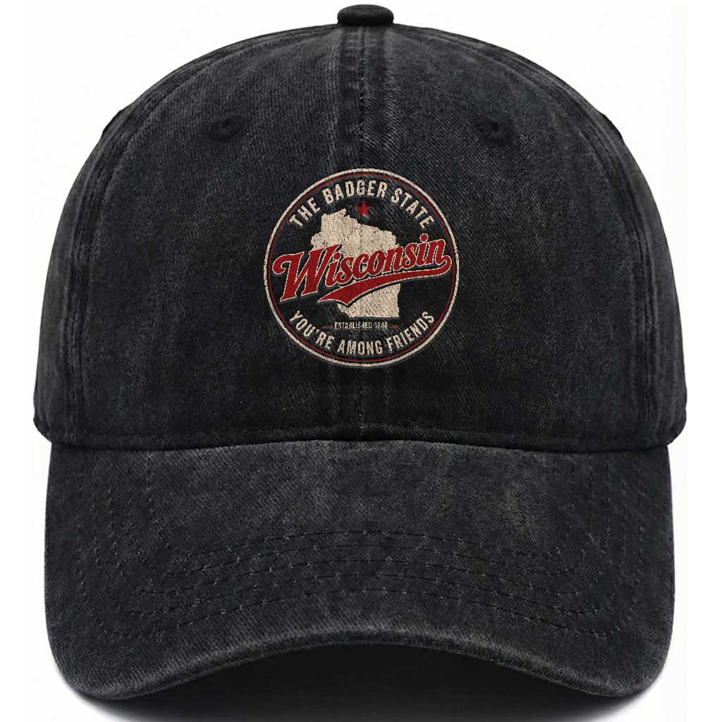 Wisconsin The Badger State Washed Cotton Baseball Cap You're Among Friends Retro WI State