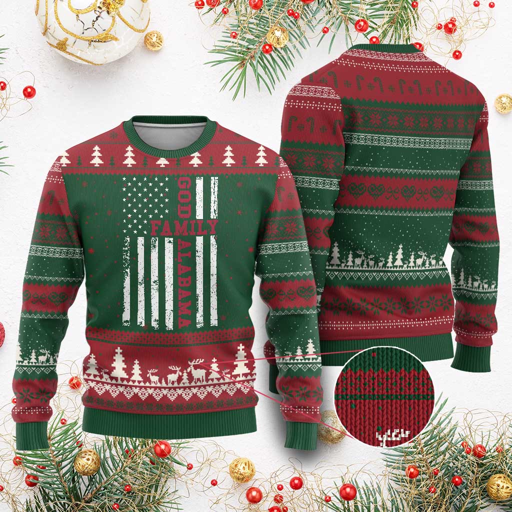 God Family Alabama Ugly Christmas Sweater AL Game Day Christian American Flag
