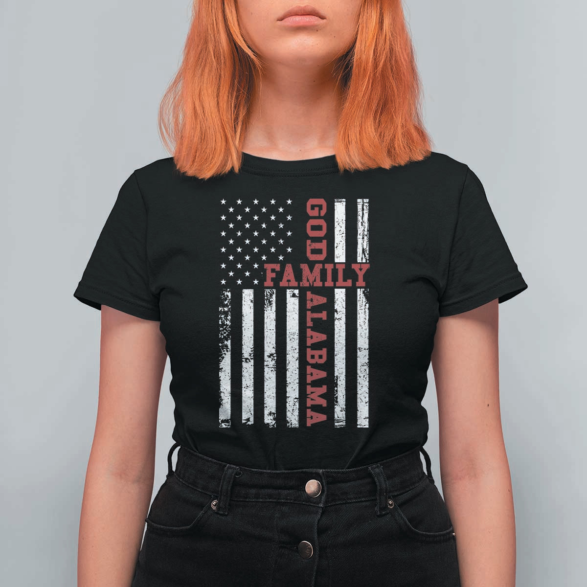 God Family Alabama T Shirt For Women AL Game Day Christian American Flag