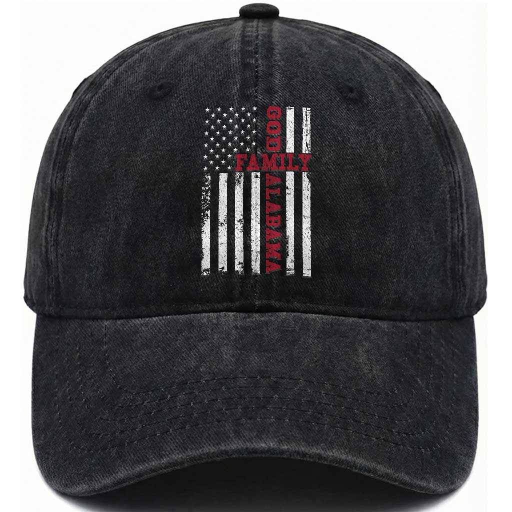 God Family Alabama Washed Cotton Baseball Cap AL Game Day Christian American Flag