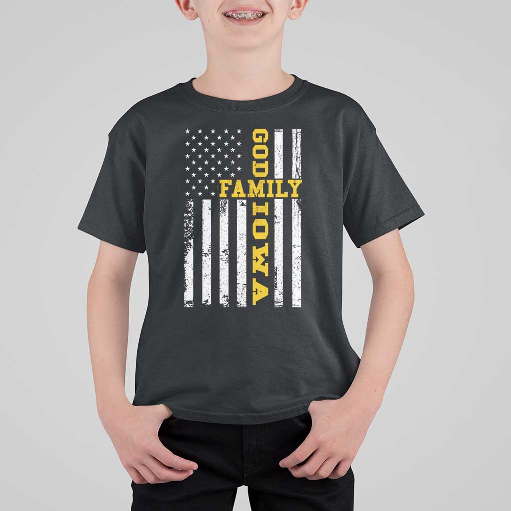 God Family Iowa T Shirt For Kid IA State Game Day Christian American Flag