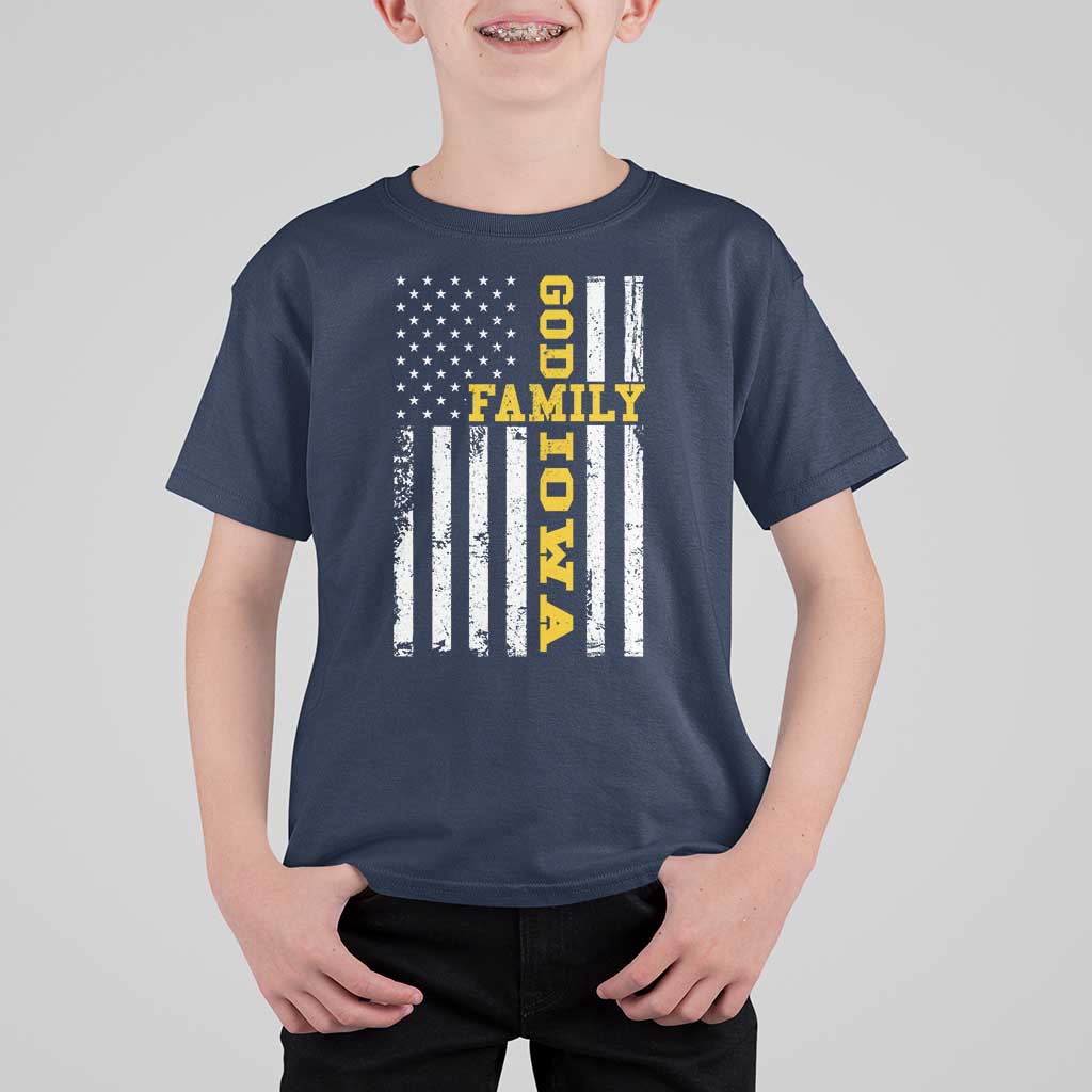 God Family Iowa T Shirt For Kid IA State Game Day Christian American Flag