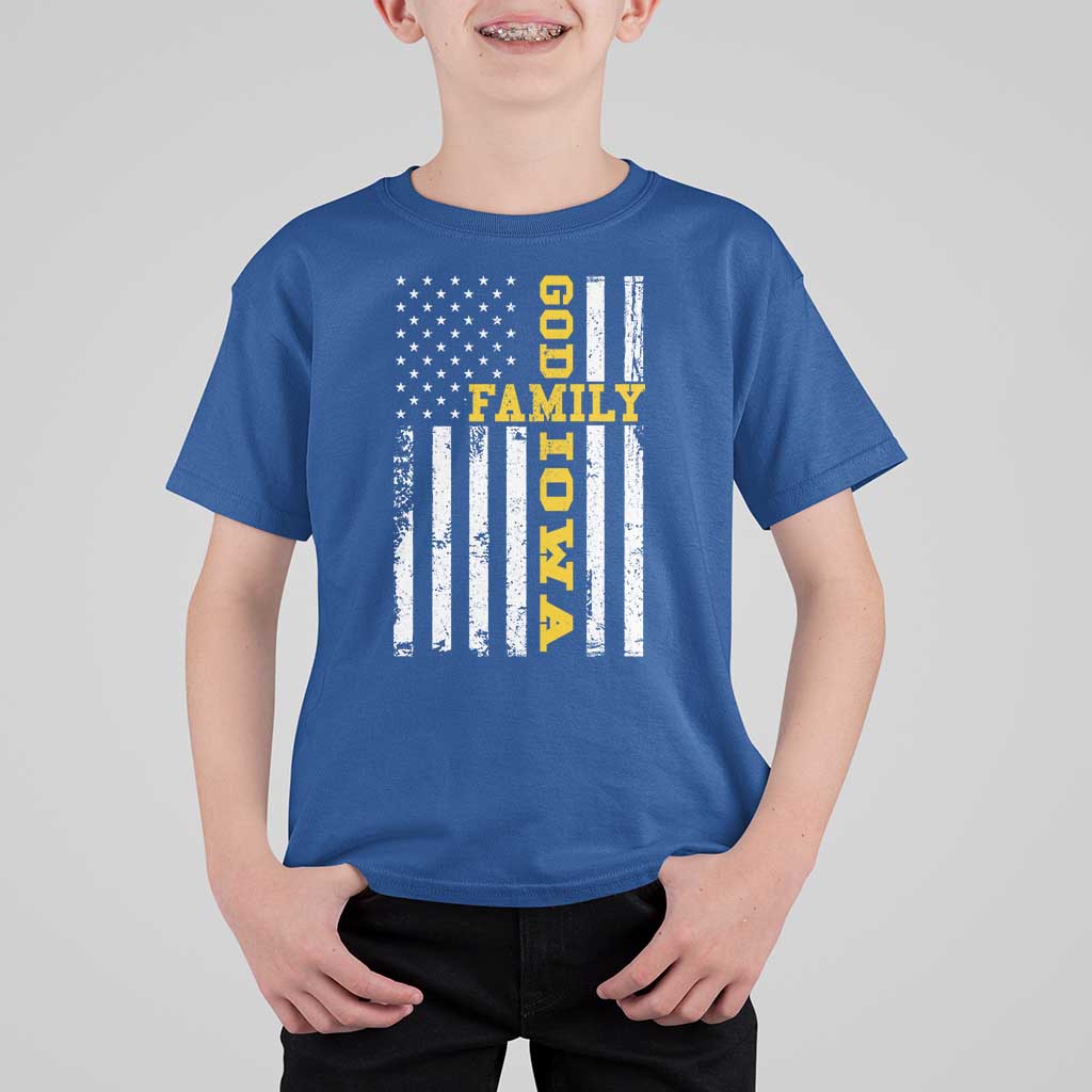 God Family Iowa T Shirt For Kid IA State Game Day Christian American Flag