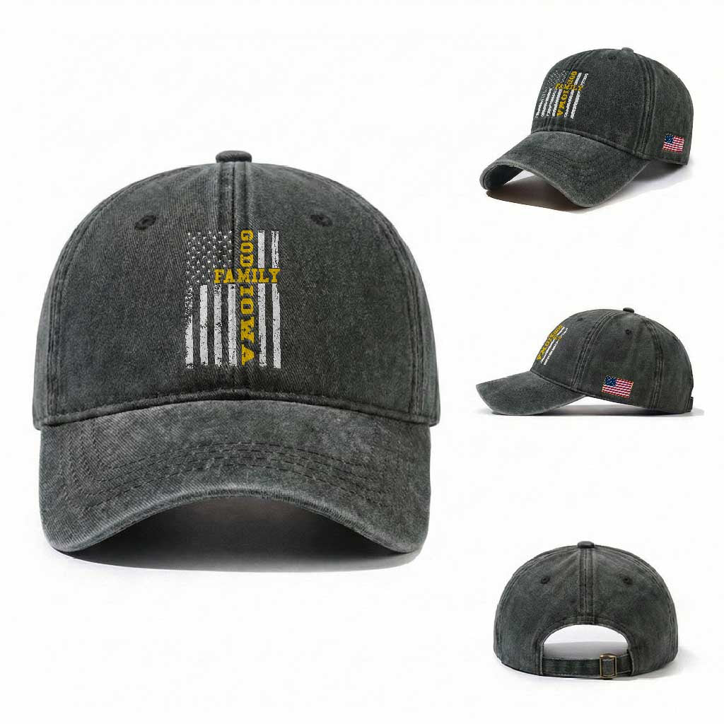 God Family Iowa Washed Cotton Baseball Cap IA State Game Day Christian American Flag