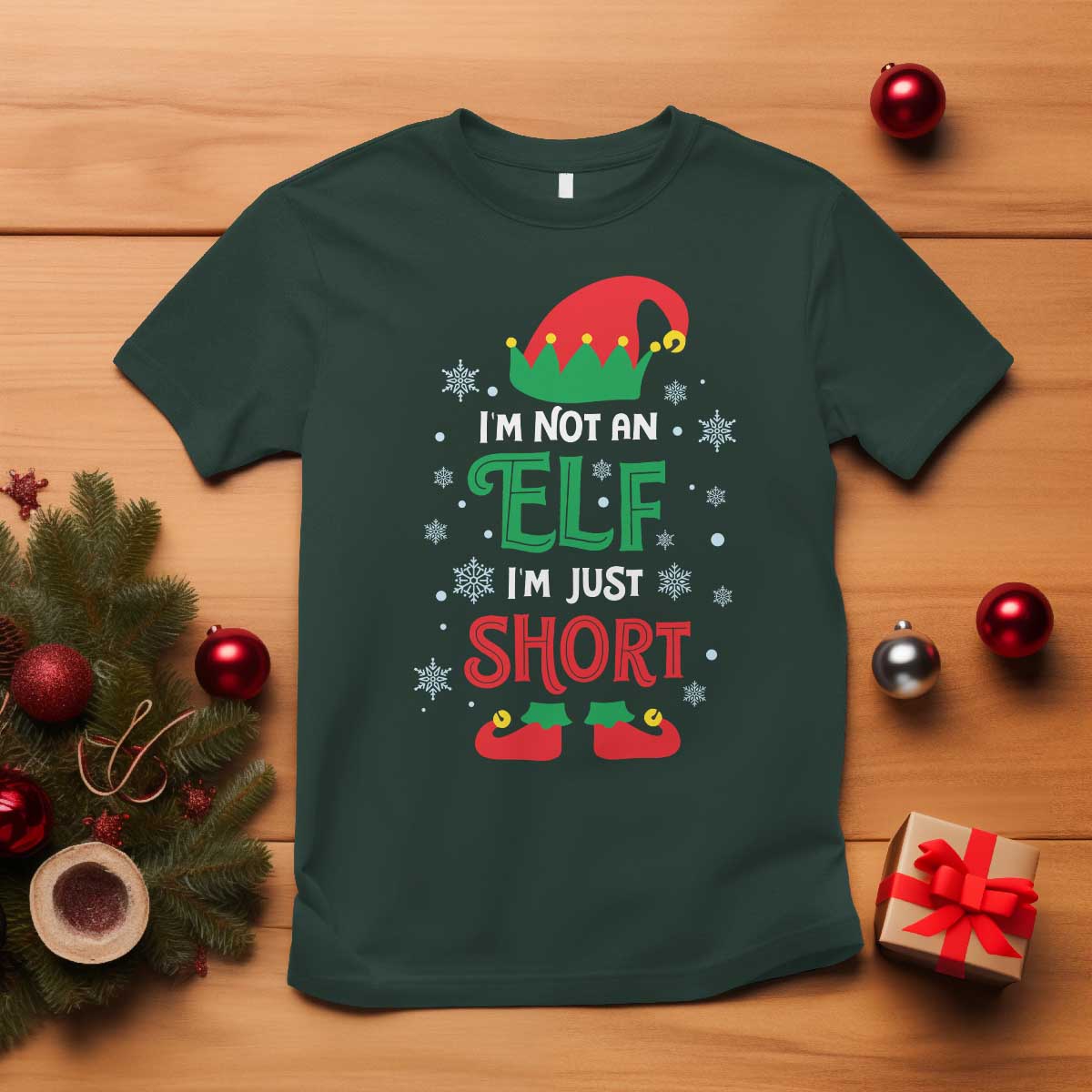 Funny Christmas Elf T Shirt I'm Not An Elf I'm Just Short Snowflakes - Wonder Print Shop