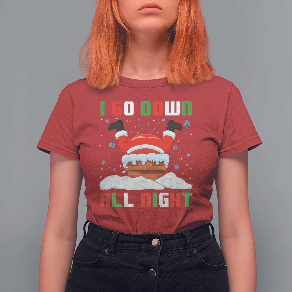 Funny Xmas T Shirt For Women I Go Down All Night Santa Chimney - Wonder Print Shop