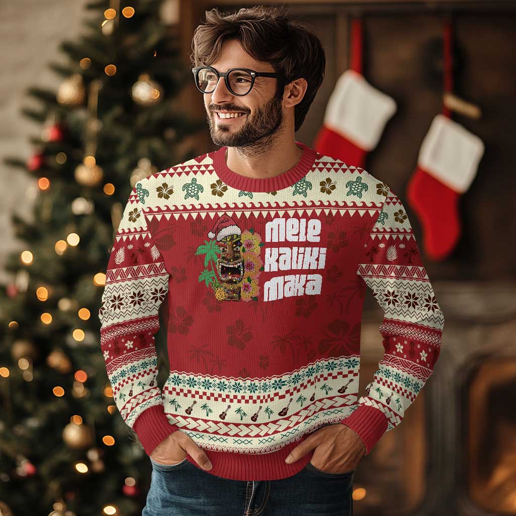 Xmas In Hawaii Ugly Christmas Sweater Mele Kalikimaka Tiki Hibiscus Flower Santa Hat - Wonder Print Shop