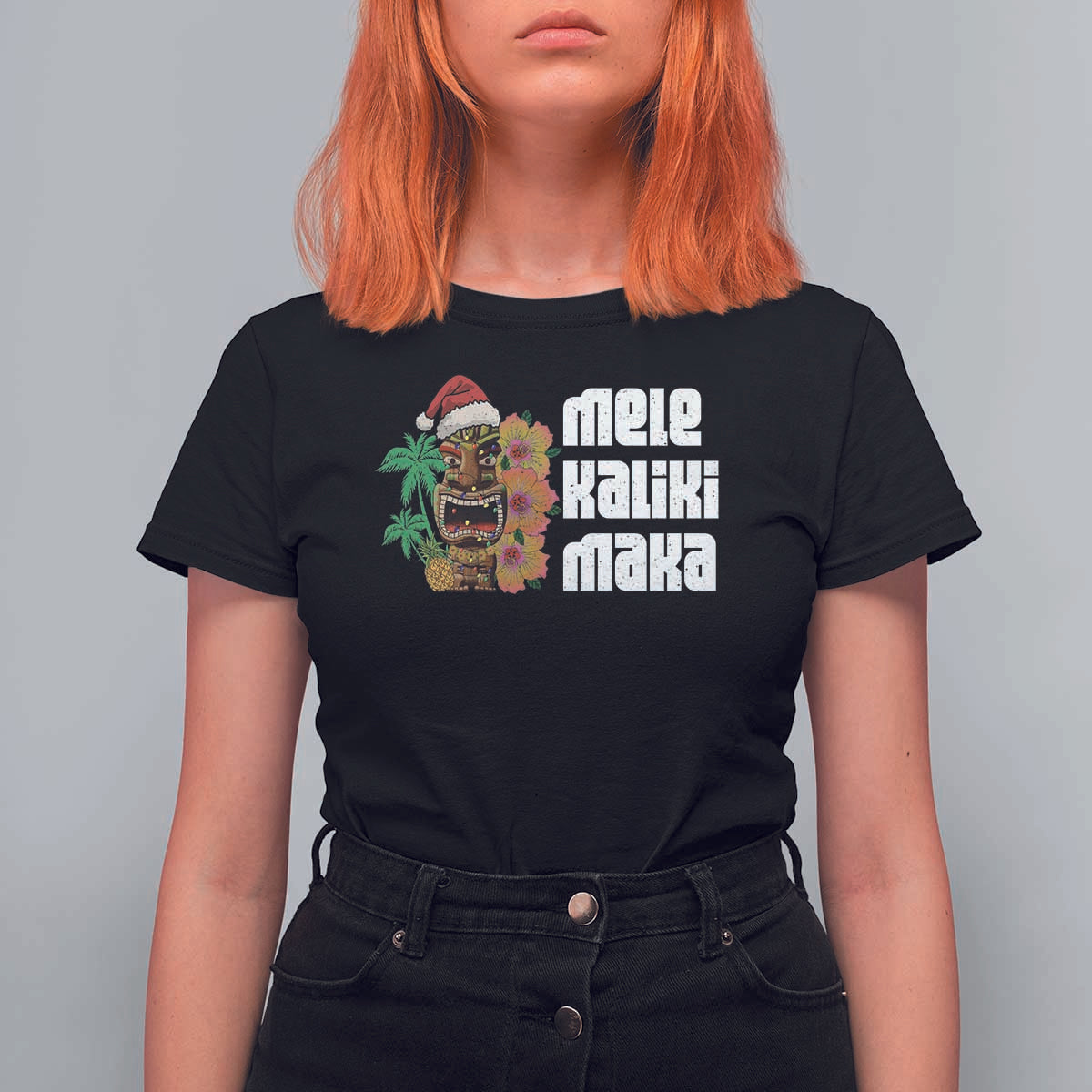 Christmas In Hawaii T Shirt For Women Mele Kalikimaka Tiki Hibiscus Flower Santa Hat - Wonder Print Shop