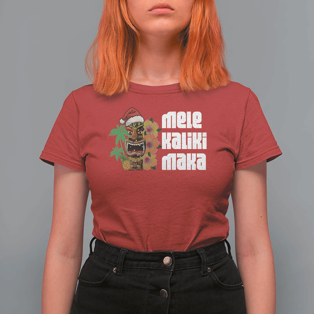 Christmas In Hawaii T Shirt For Women Mele Kalikimaka Tiki Hibiscus Flower Santa Hat - Wonder Print Shop