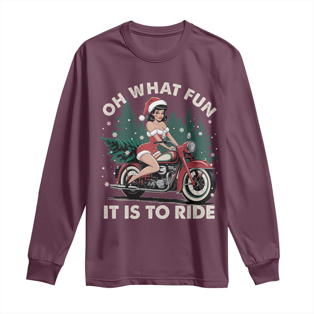 Funny Christmas Motorbike Long Sleeve Shirt Oh What Fun It Is To Ride Female Santa Biker