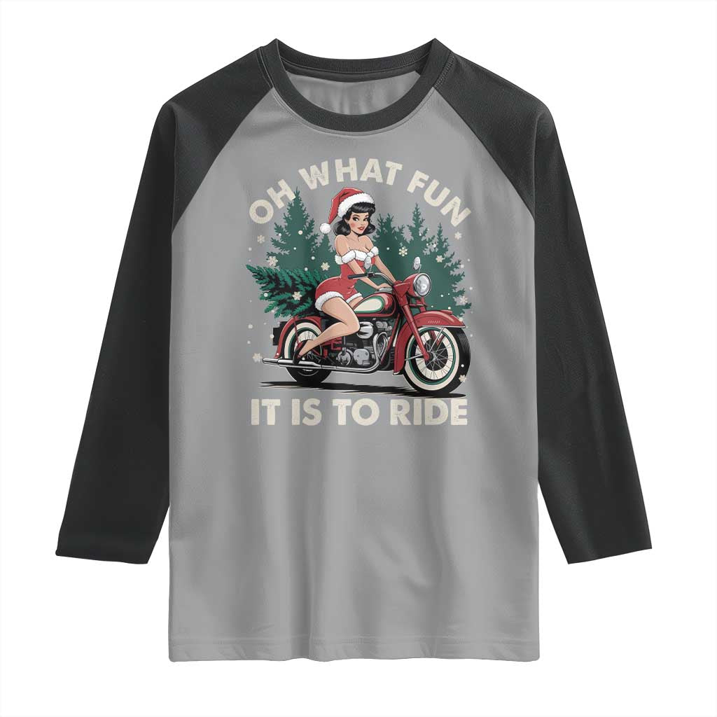Funny Christmas Motorbike Raglan Shirt Oh What Fun It Is To Ride Female Santa Biker - Wonder Print Shop